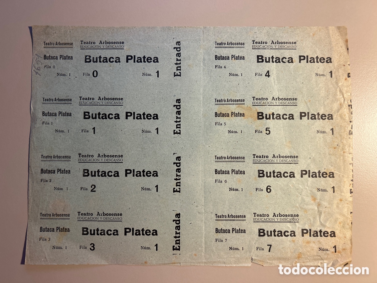 Otros art&iacute;culos de coleccionismo en papel: 8 entrades Teatro Arbosense &ndash; Educaci&oacute;n y Descanso &ndash; Arbo&ccedil; &ndash; Postguerra 1940