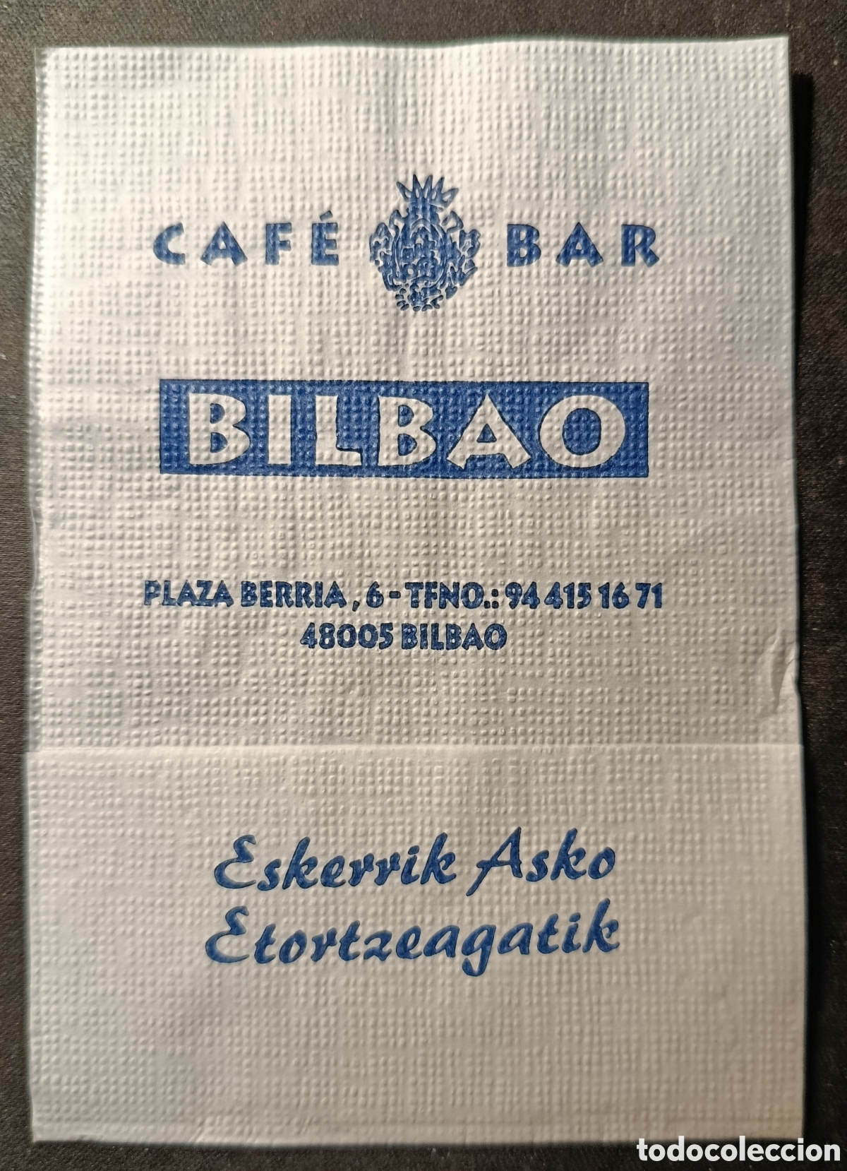 Otros art&iacute;culos de coleccionismo en papel: SERVILLETA DE PAPEL BAR BILBAO/BILBAO