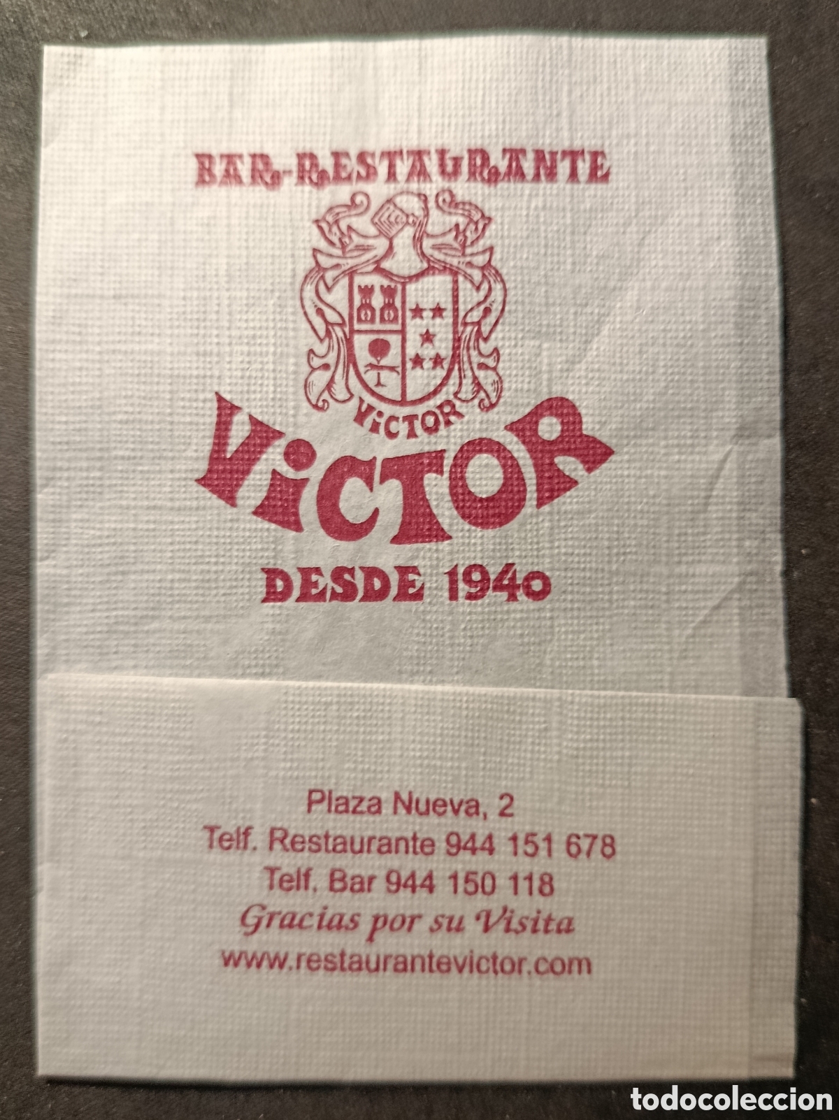 Otros art&iacute;culos de coleccionismo en papel: SERVILLETA DE PAPEL RESTAURANTE V&Iacute;CTOR/BILBAO