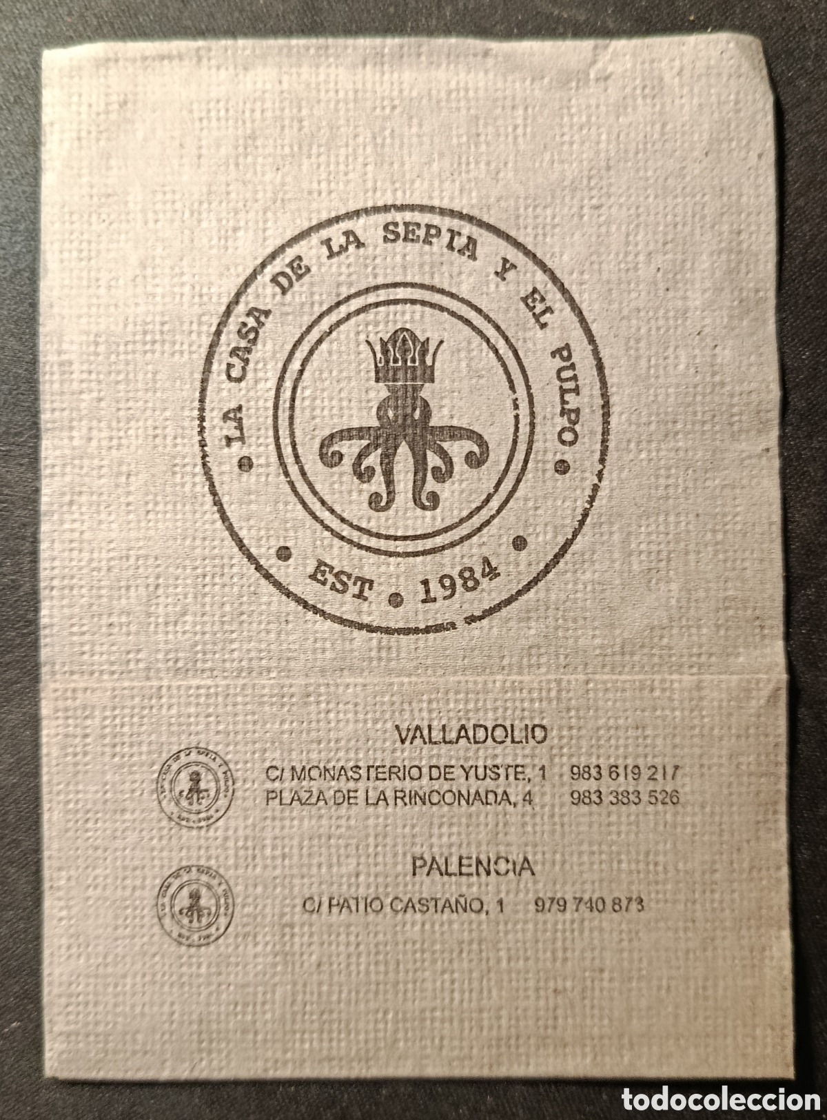 Otros art&iacute;culos de coleccionismo en papel: SERVILLETA DE PAPEL LA CASA DE LA SEPIA Y EL PULPO/VALLADOLID