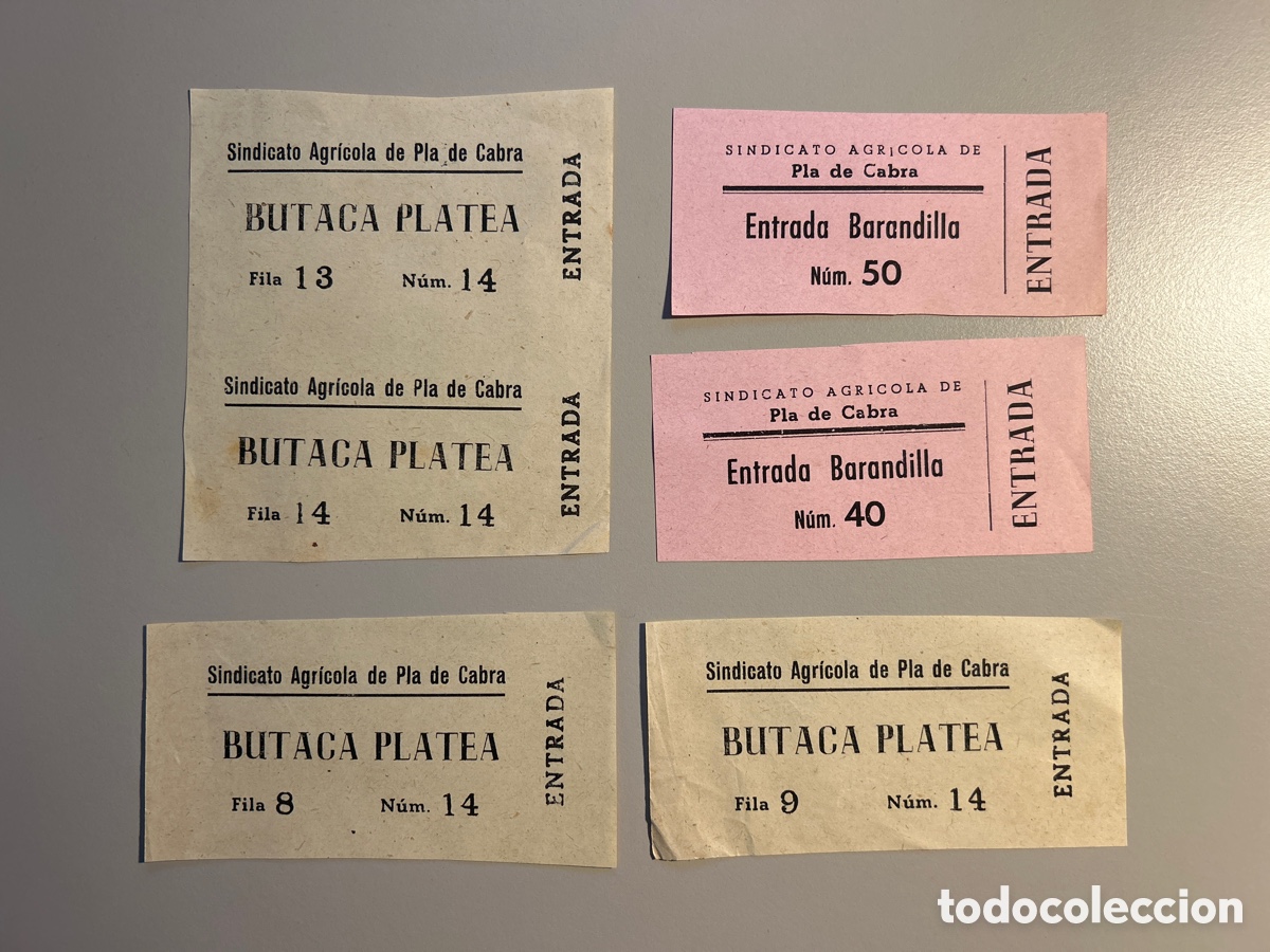 Otros art&iacute;culos de coleccionismo en papel: 6 entrades Pla de Cabra &ndash; Sindicat Agr&iacute;cola &ndash; Anys 1940 1950