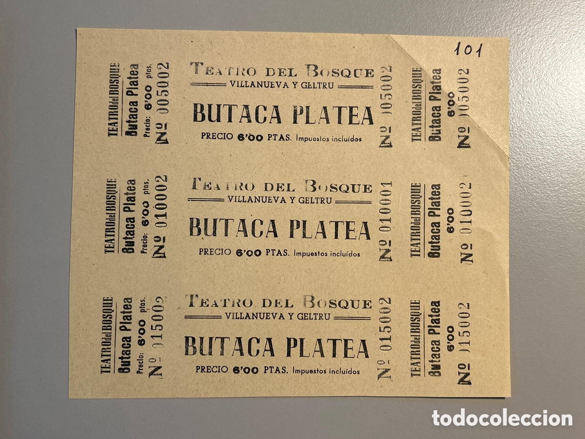 Otros art&iacute;culos de coleccionismo en papel: 3 entrades Teatro Bosque &ndash; Vilanova i la Geltr&uacute; &ndash; Butaca Platea &ndash; Anys 1940 1950