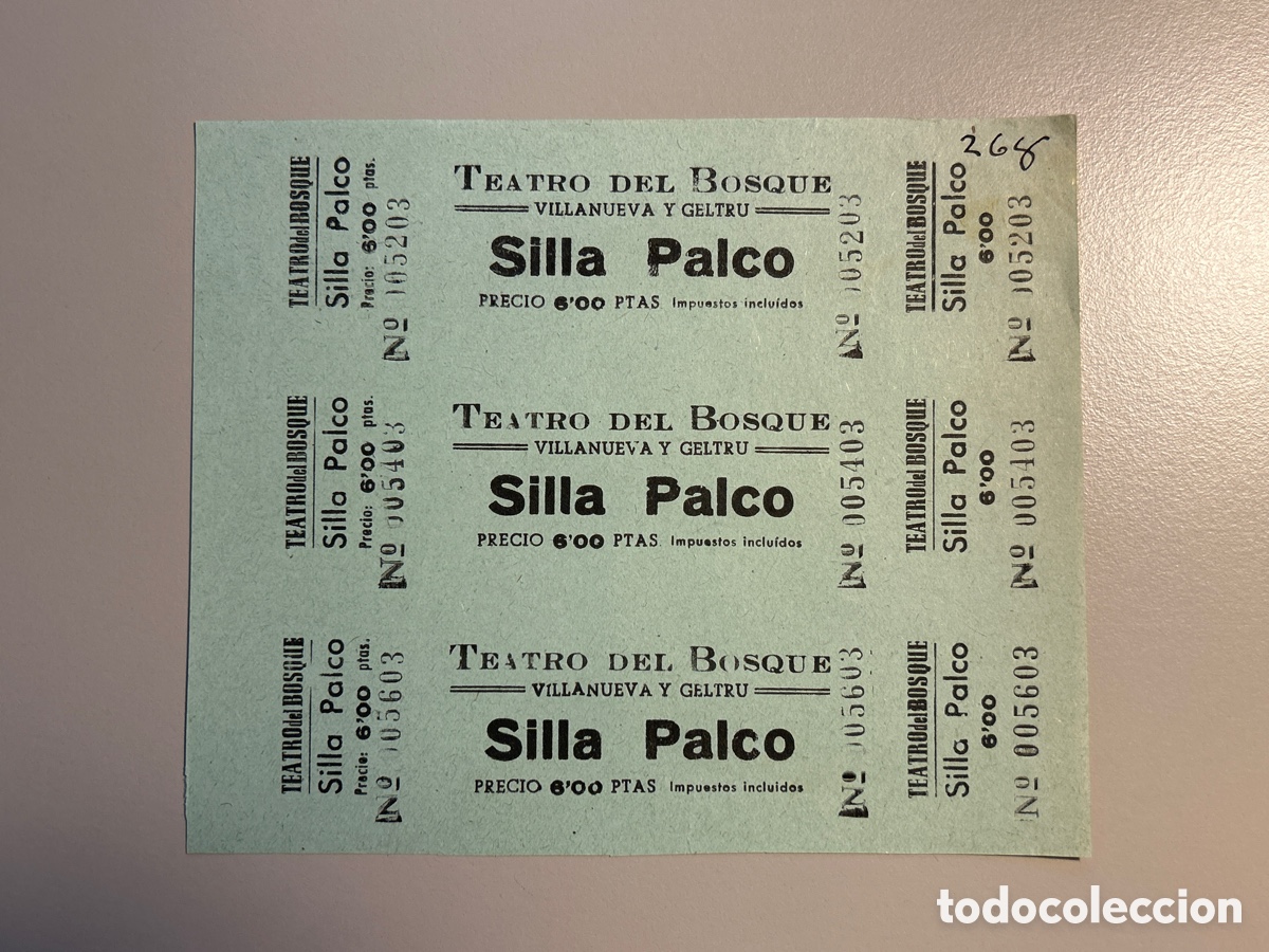 Otros art&iacute;culos de coleccionismo en papel: 3 entrades Teatro Bosque &ndash; Vilanova i la Geltr&uacute; &ndash; Silla Palco &ndash; Anys 1940 1950
