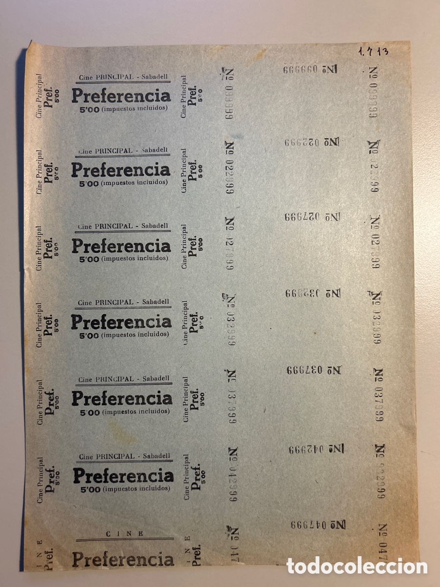 Otros art&iacute;culos de coleccionismo en papel: 6 entrades Cine Principal &ndash; Sabadell &ndash; Preferencia &ndash; Anys 1940 1950