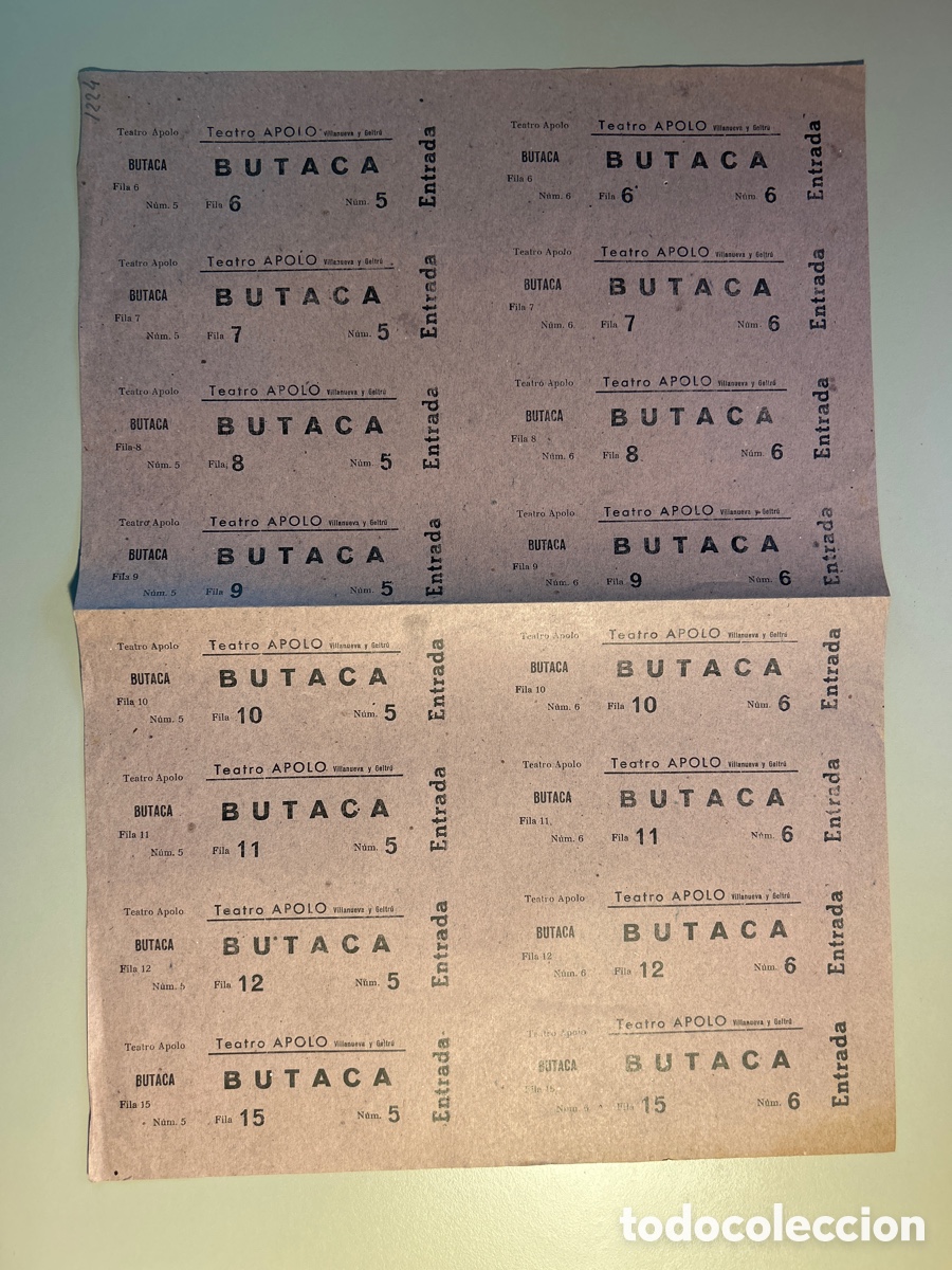 Otros art&iacute;culos de coleccionismo en papel: 16 entrades Teatro Apolo &ndash; Vilanova i la Geltr&uacute; &ndash; Butaca &ndash; Anys 1940 1950