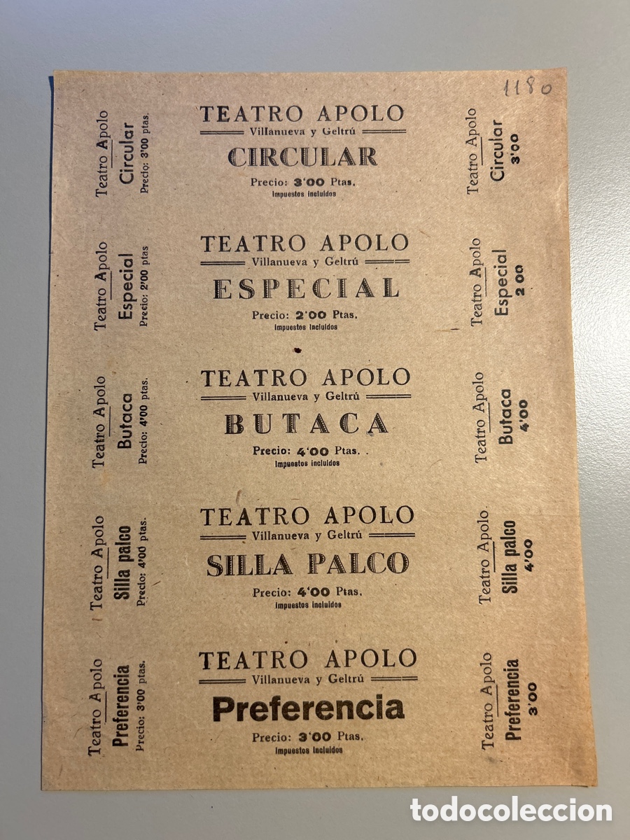 Otros art&iacute;culos de coleccionismo en papel: 5 entrades Teatro Apolo &ndash; Vilanova i la Geltr&uacute; &ndash; Circular Especial Butaca Silla &ndash; Anys 1940 1950
