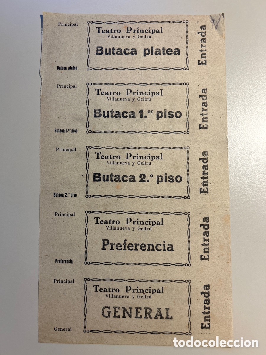 Otros art&iacute;culos de coleccionismo en papel: 5 entrades Teatro Principal &ndash; Vilanova i la Geltr&uacute; &ndash; Any 1940 1950