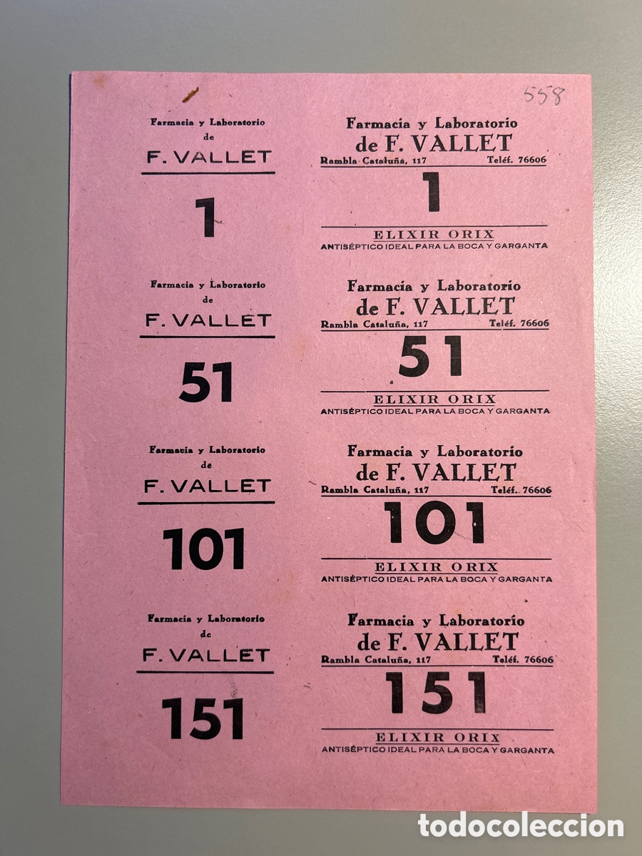 Otros art&iacute;culos de coleccionismo en papel: 4 cupones Farmacia y Laboratorio F Vallet &ndash; Barcelona Anys 1940 1950