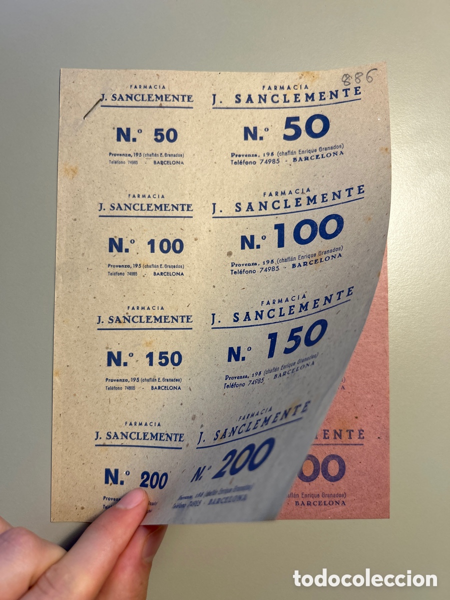 Otros art&iacute;culos de coleccionismo en papel: 8 cupones Farmacia y Laboratorio J Sanclemente &ndash; Barcelona Anys 1940 1950