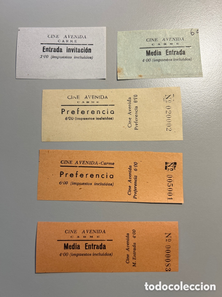 Otros art&iacute;culos de coleccionismo en papel: 5 entrades &ndash; Cine Avenida &ndash; Carme - Igualada &ndash; Anys 1940 1950