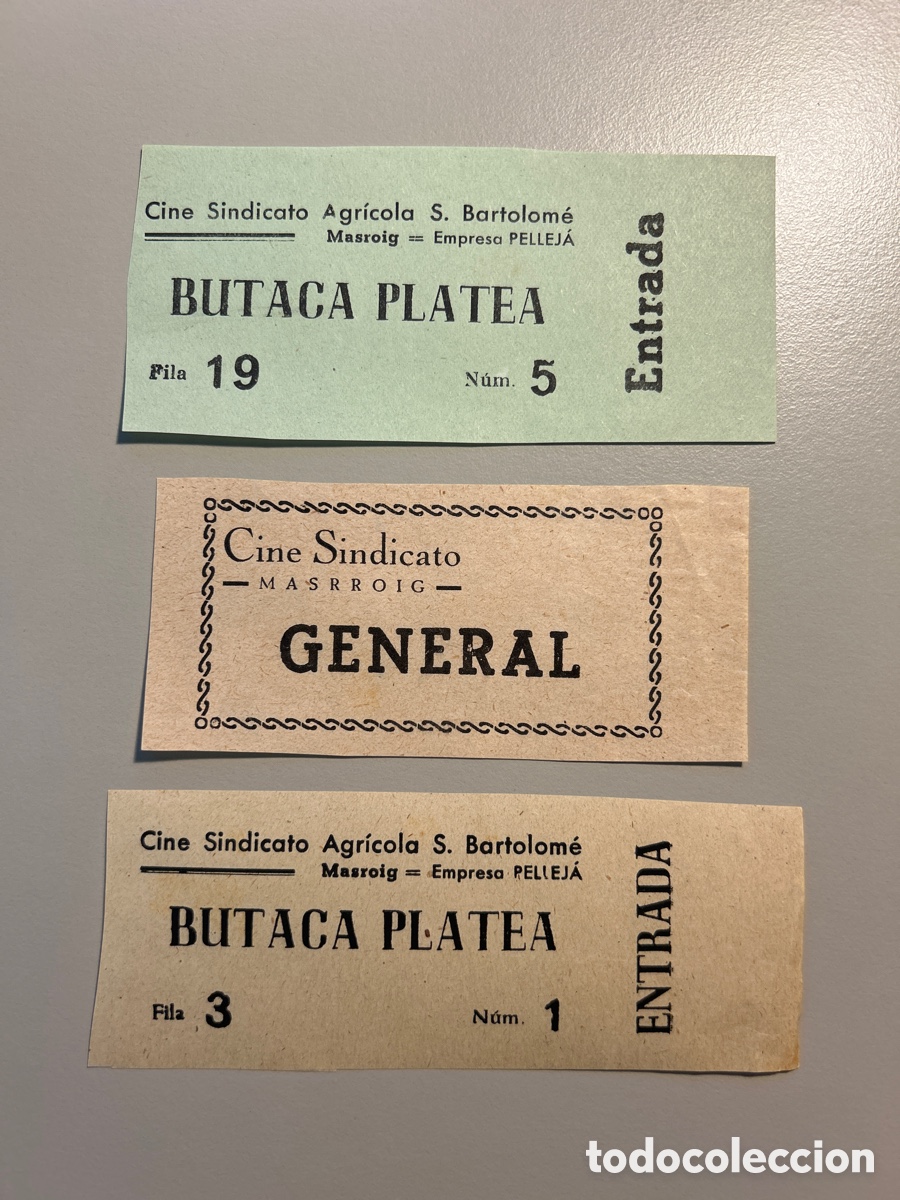 Otros art&iacute;culos de coleccionismo en papel: 3 entrades &ndash; Cine Sindicato Agr&iacute;cola San Bartolom&eacute; &ndash; Masroig &ndash; anys 1940 1950