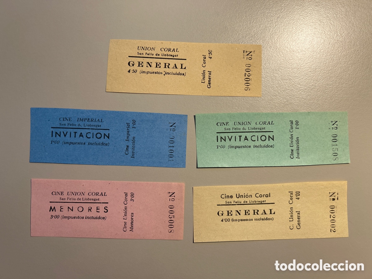 Otros art&iacute;culos de coleccionismo en papel: 5 entrades &ndash; Uni&oacute;n Coral i Cine Imperial &ndash; Sant Feliu de Llobregat &ndash; Anys 1940 1950