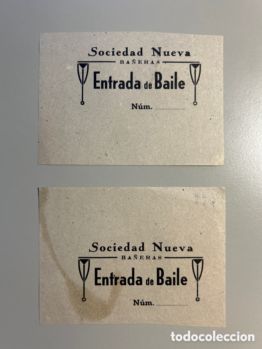 Otros art&iacute;culos de coleccionismo en papel: 2 entradas baile &ndash; Sociedad Nueva &ndash; Ba&ntilde;eras &ndash; A&ntilde;os 1940 1950
