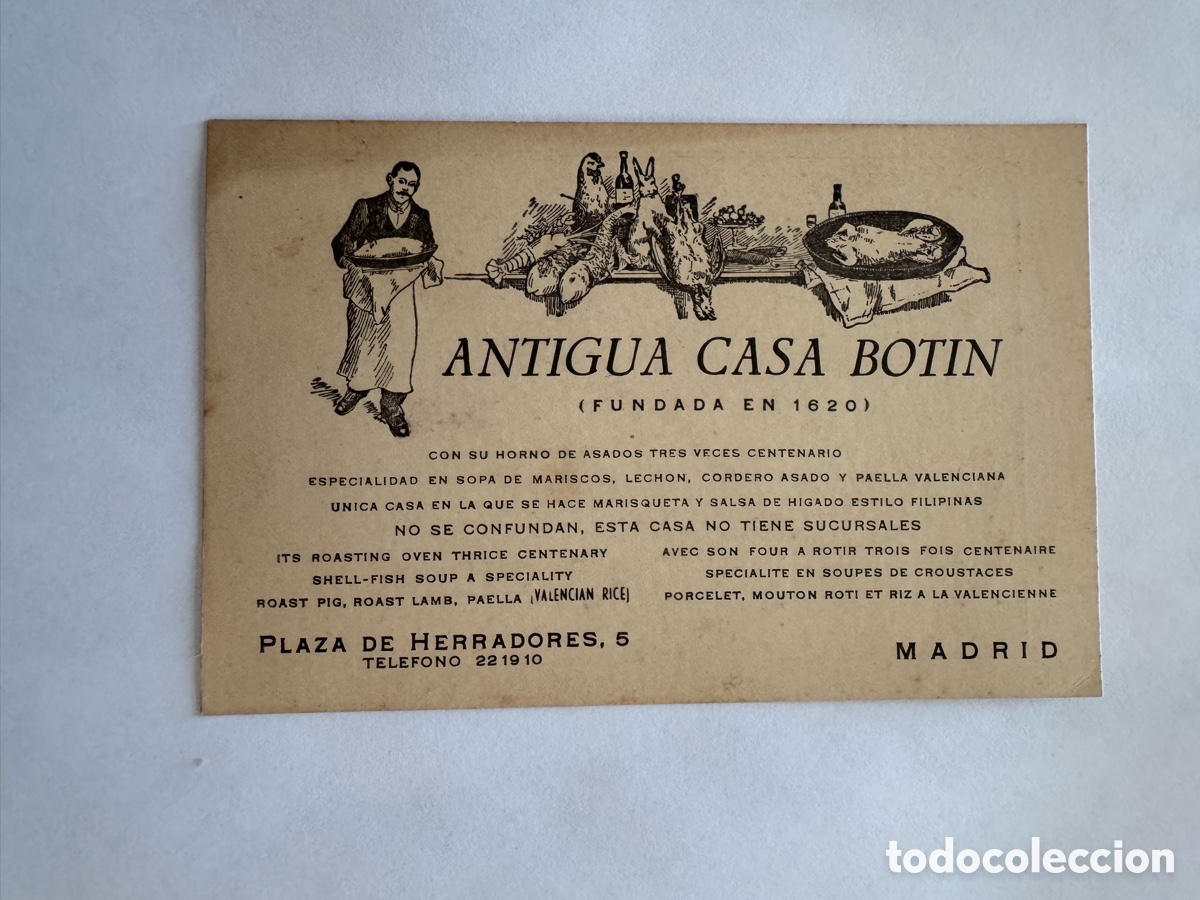 Outros artigos de papel: Publicidad antigua Antigua Casa Bot&iacute;n Madrid plano Plaza Herradores