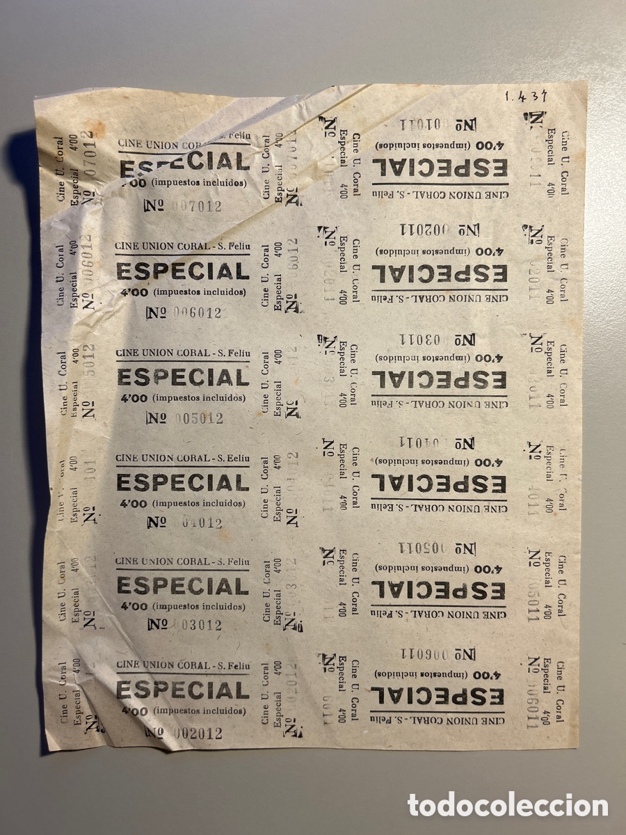 Otros art&iacute;culos de coleccionismo en papel: 12 entrades &ndash; Cine Uni&oacute;n Coral &ndash; Sant Feliu de Llobregat &ndash; Anys 1940 1950