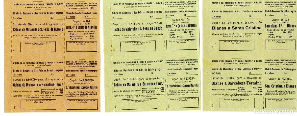 Otros art&iacute;culos de coleccionismo en papel: 3 Billetes de Ferrocarril Blanes, Caldes de Malavella, S Feliu de Guixols