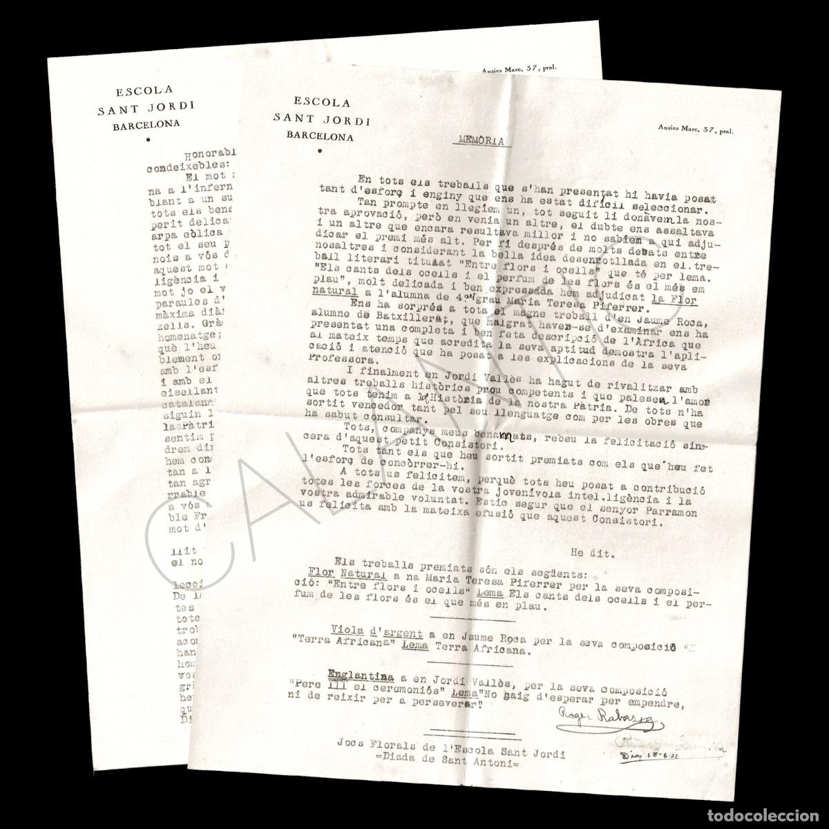 Otros art&iacute;culos de coleccionismo en papel: Lot de 2 documents originals de l'Escola Sant Jordi de Barcelona &ndash; Jocs Florals i Homenatge 1932