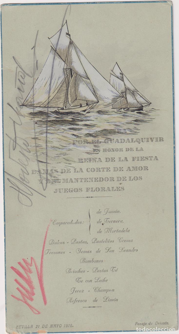 Otros art&iacute;culos de coleccionismo en papel: Jira por El Guadalquivir. Juegos Florales. Sevilla 1916. Men&uacute;. Pasaje de Oriente