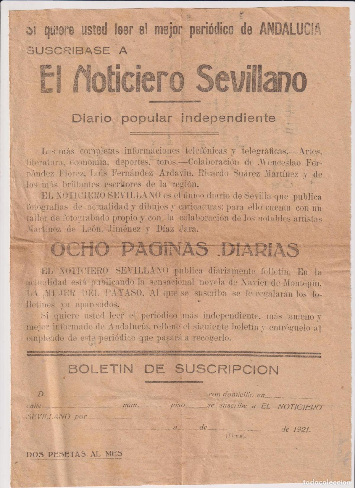 Otros art&iacute;culos de coleccionismo en papel: Bolet&iacute;n de Suscripci&oacute;n (29x20,5) A El Noticiero Sevillano. A&ntilde;o 1921