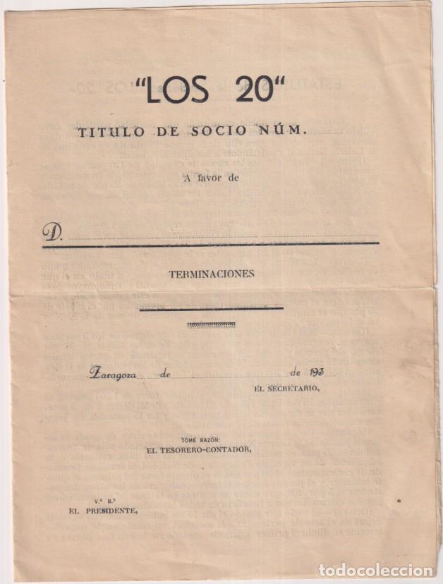 Otros art&iacute;culos de coleccionismo en papel: Los 20 T&iacute;tulo de Socio. Zaragoza 193. Doble Hoja sin usar
