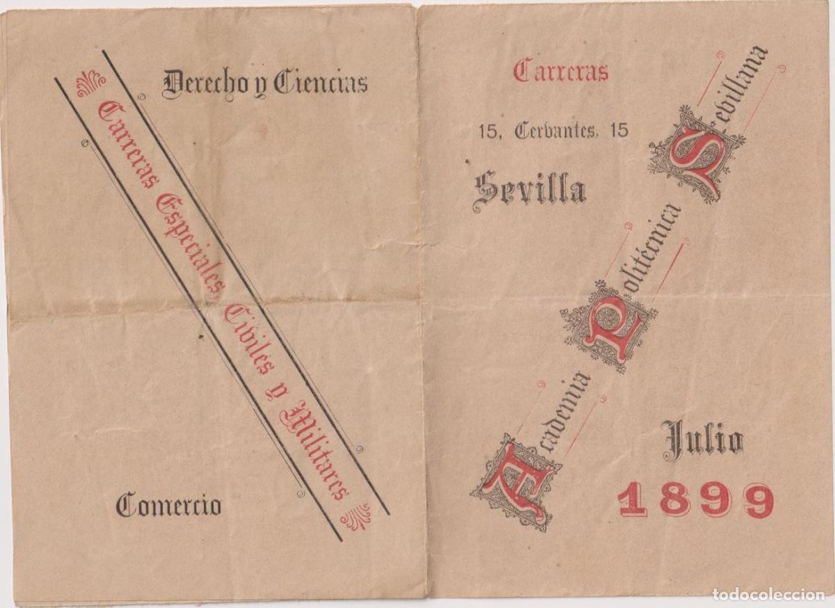 Otros art&iacute;culos de coleccionismo en papel: Academia Polit&eacute;cnica Sevillana. Carreras. Julio 1899