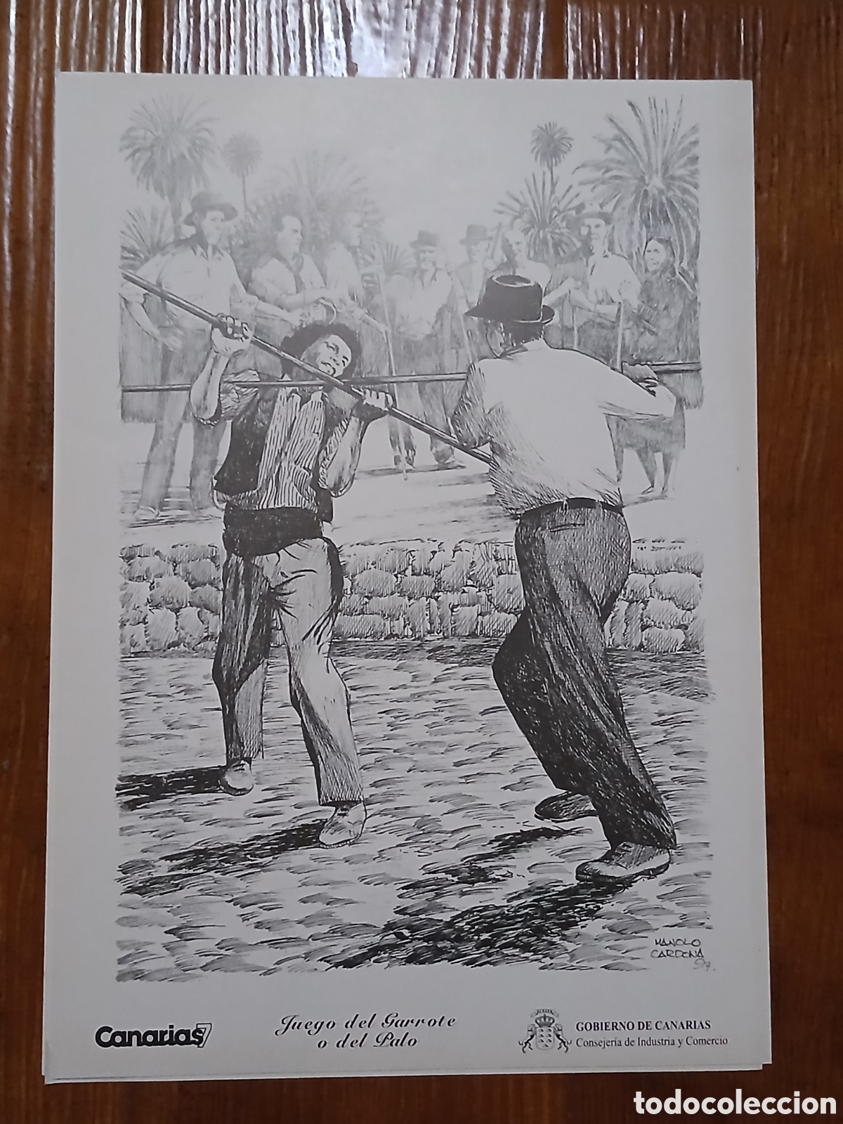 Otros art&iacute;culos de coleccionismo en papel: L&aacute;mina Labores Canarias -Juego del Garrote o del Palo- Canarias 7 -35x25cm- 1.983