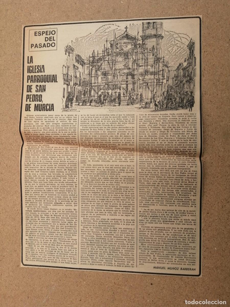 Otros art&iacute;culos de coleccionismo en papel: ARTICULO DE PRENSA. ESPEJO DEL PASADO, LA IGLESIA PARROQUIAL DE SAN PEDRO, MURCIA