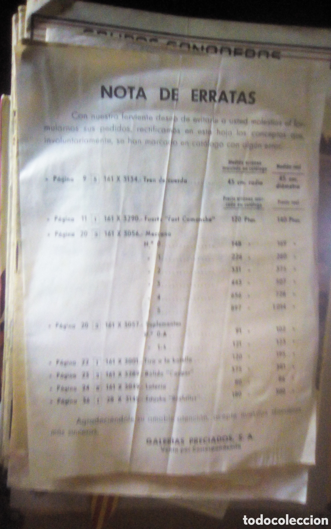 Otros art&iacute;culos de coleccionismo en papel: Hoja nota de erratas del cat&aacute;logo de venta de juguetes por correspondencia de Galer&iacute;as Preciados.
