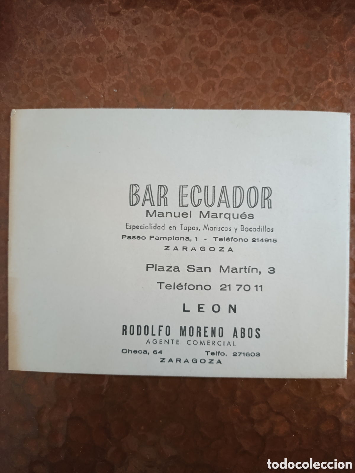 Otros art&iacute;culos de coleccionismo en papel: BAR ECUADOR MANUEL MARQU&Eacute;S RODOLFO MORENO AB&Oacute;S ZARAGOZA [ PAPEL PUBLICITARIO A&Ntilde;OS 40-50 ]