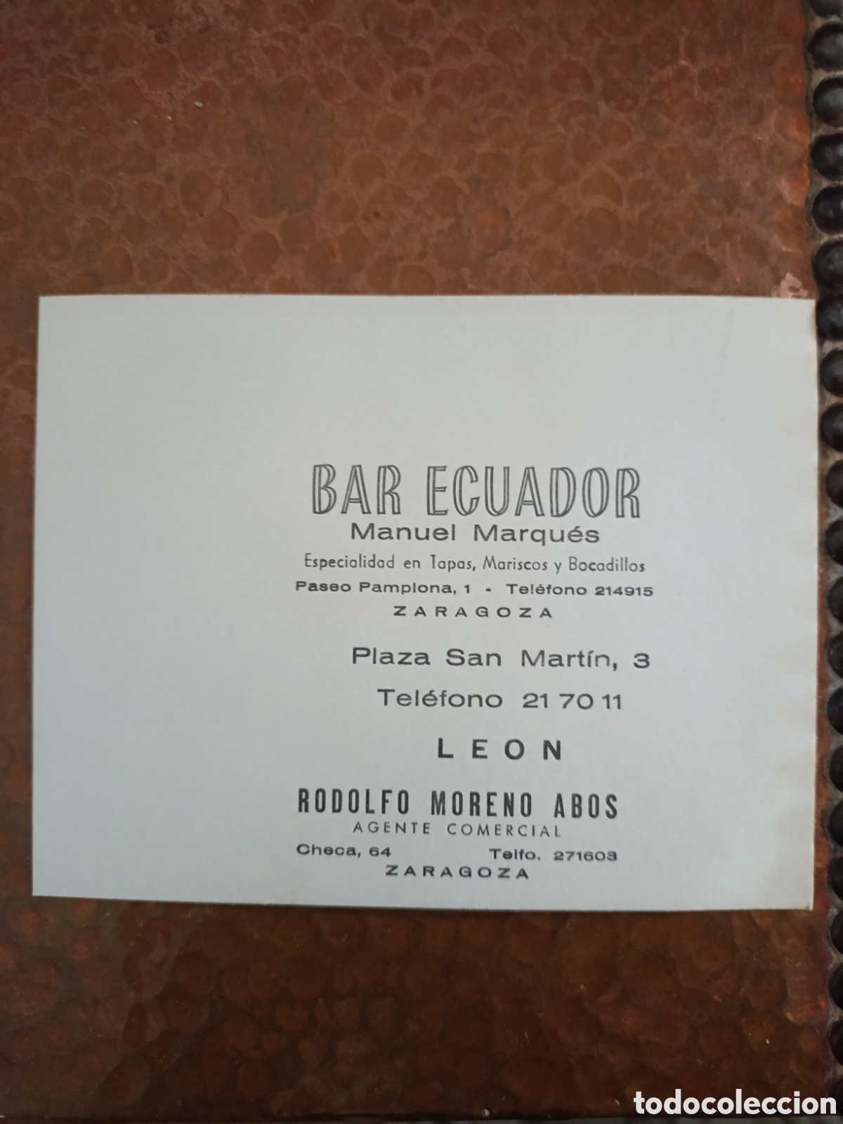 Otros art&iacute;culos de coleccionismo en papel: BAR ECUADOR MANUEL MARQU&Eacute;S RODOLFO MORENO AB&Oacute;S ZARAGOZA [ PAPEL PUBLICITARIO A&Ntilde;OS 40-50 ]