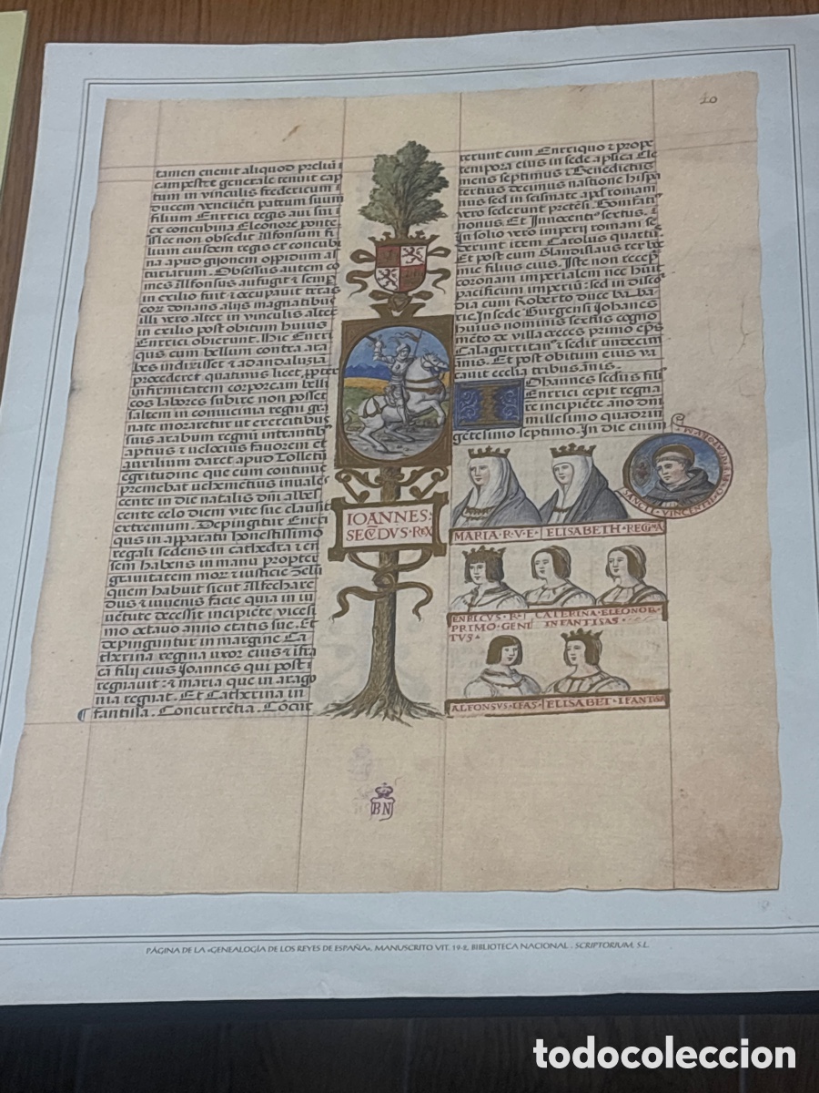 Otros art&iacute;culos de coleccionismo en papel: p&aacute;gina facs&iacute;mil del c&eacute;lebre manuscrito medieval Genealog&iacute;a de los Reyes de Espa&ntilde;a
