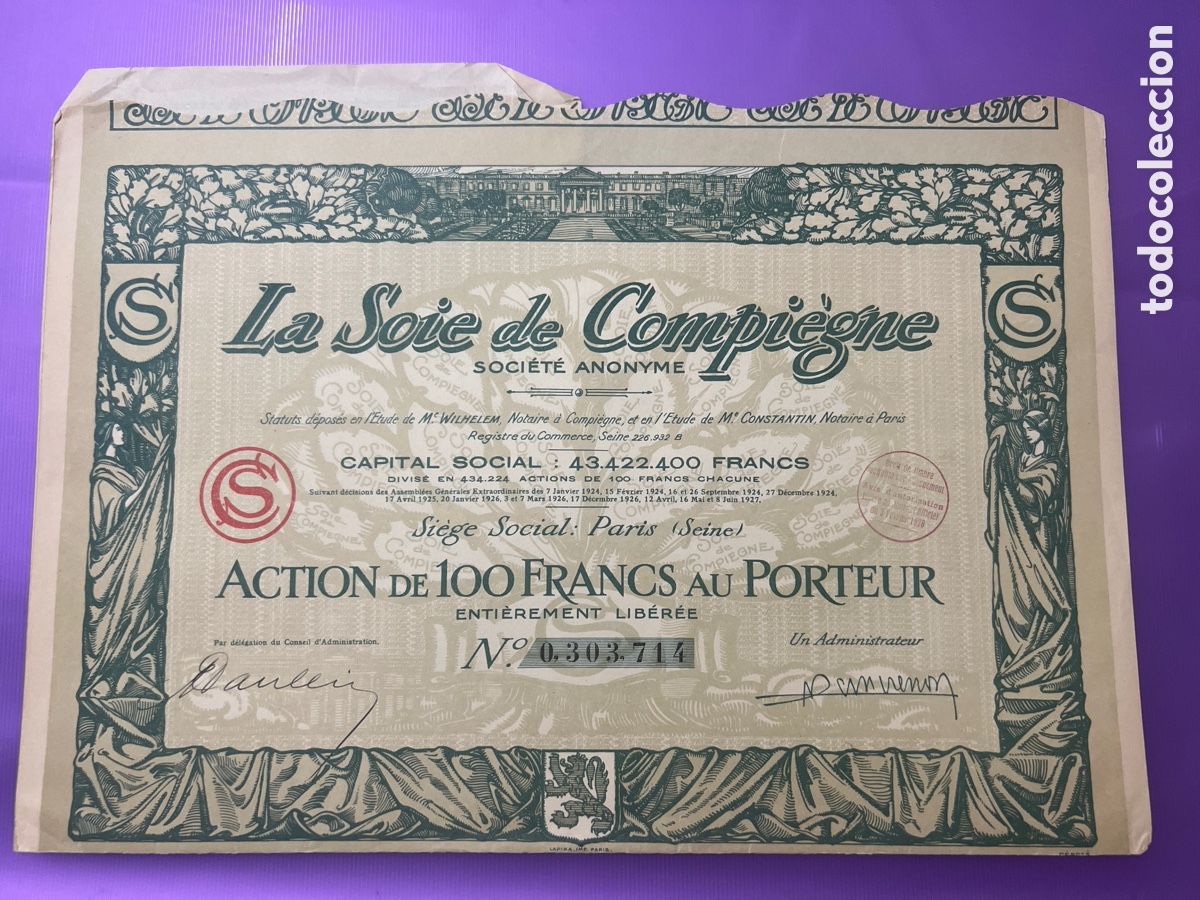 Otros art&iacute;culos de coleccionismo en papel: A23. Acci&oacute;n.La Soie de Compi&egrave;gne.Soci&eacute;t&eacute; Anonyme.