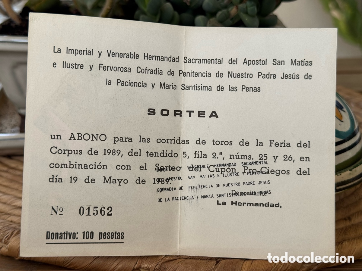 Otros art&iacute;culos de coleccionismo en papel: Antigua estampa taurina Lit. Ortega Valencia &ndash; Sorteo Hermandad San Mat&iacute;as Granada 1989