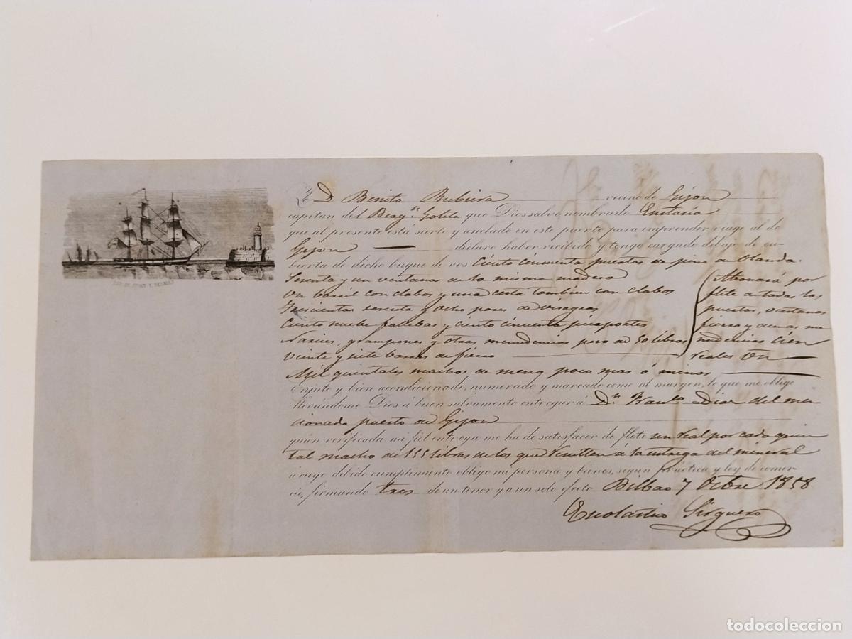 Sammelleidenschaft Andere Papierartikel: CARTA DE EMBARQUE ANTIGUA - GIJON BILBAO A&Ntilde;O 1858 - BARCO - LIT. DE JUAN E. DELMAS -VER FOTOS
