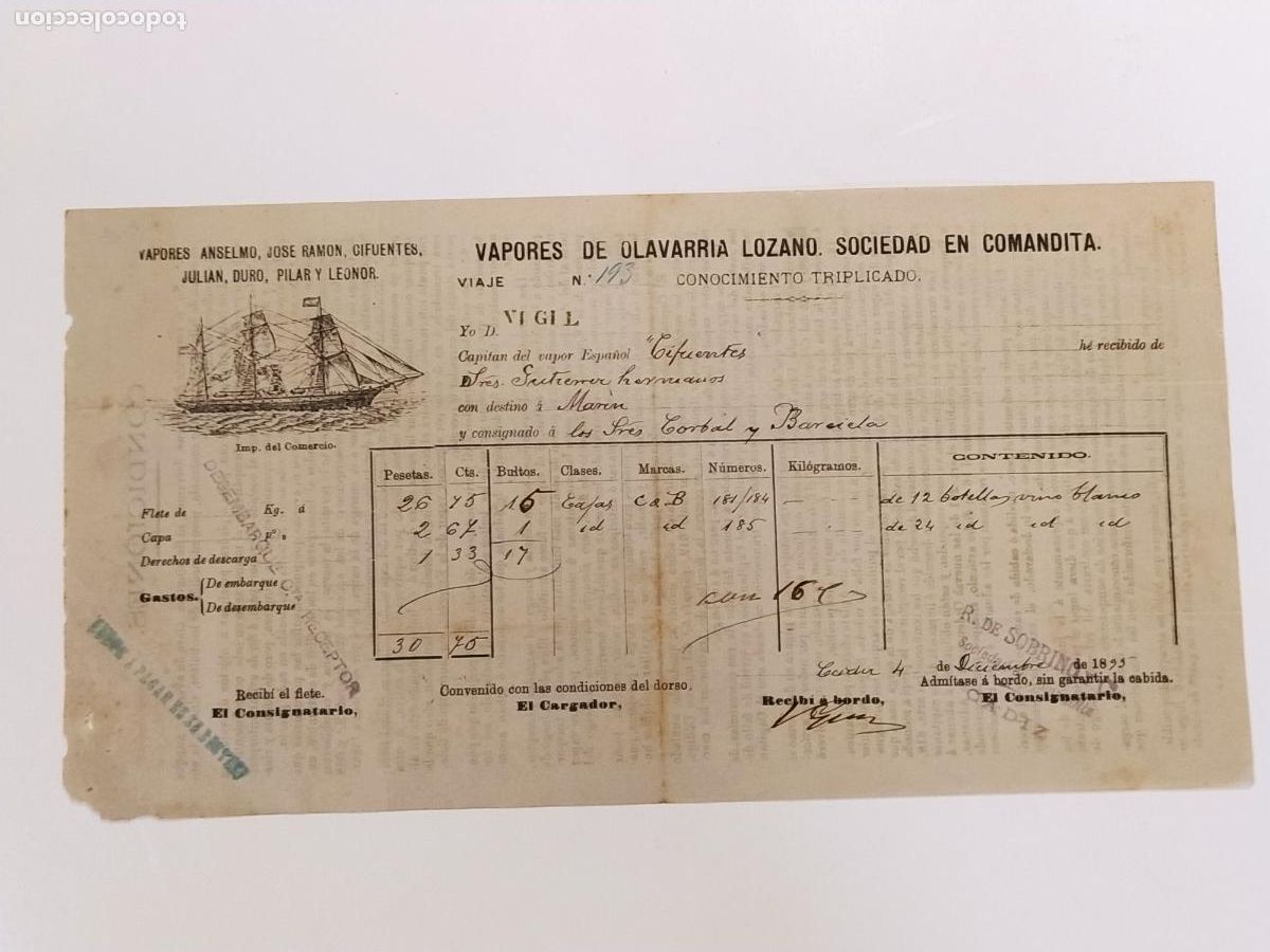 Sammelleidenschaft Andere Papierartikel: CARTA DE EMBARQUE ANTIGUA - BARCO - VAPORES OLAVARRIA LOZANO - CADIZ A&Ntilde;O 1895 -VER FOTOS