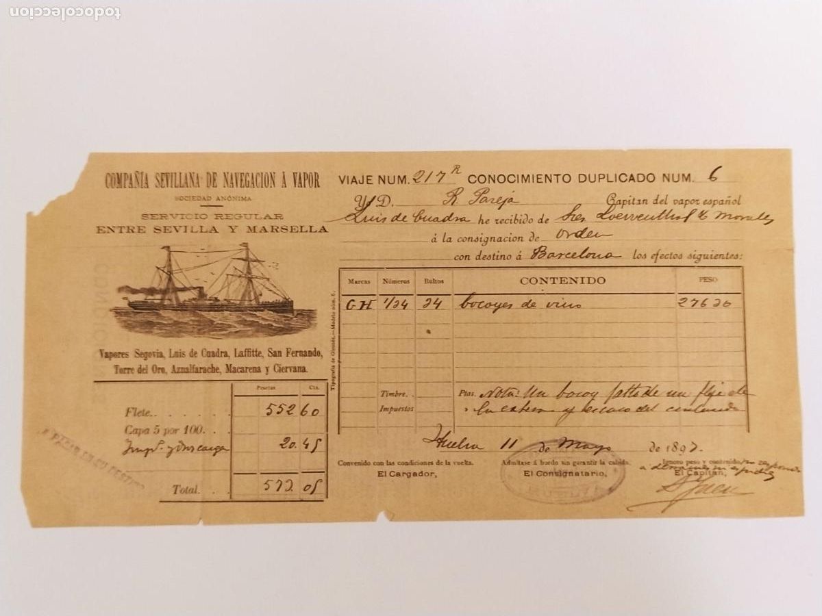 Sammelleidenschaft Andere Papierartikel: CARTA DE EMBARQUE ANTIGUA - BARCO - COMPA&Ntilde;IA SEVILLANA NAVEGACION A VAPOR - HUELVA A&Ntilde;O 1897
