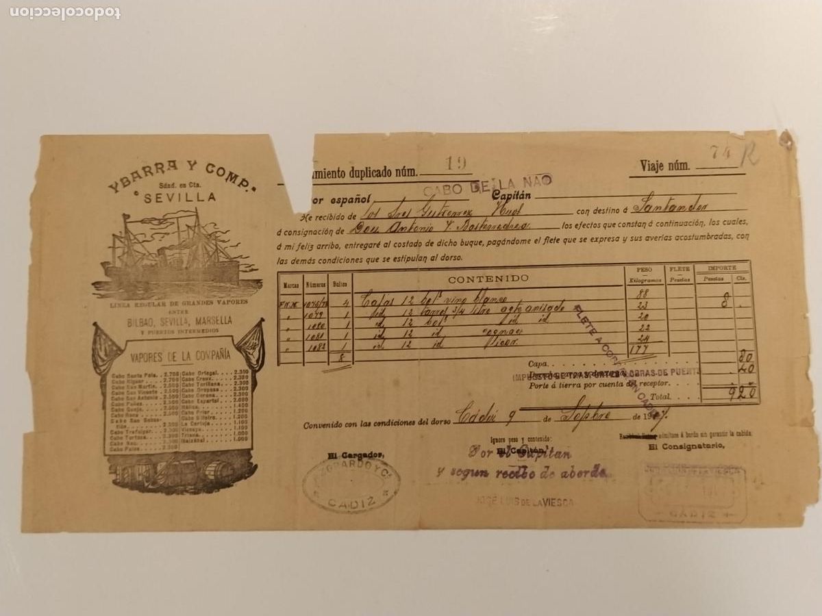 Sammelleidenschaft Andere Papierartikel: CARTA DE EMBARQUE ANTIGUA - BARCO - YBARRA Y COMPA&Ntilde;IA SEVILLA - CADIZ A&Ntilde;O 1904 -VER FOTOS
