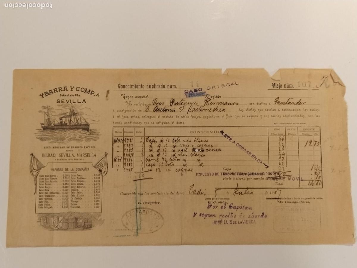 Sammelleidenschaft Andere Papierartikel: CARTA DE EMBARQUE ANTIGUA - BARCO - YBARRA Y COMPA&Ntilde;IA SEVILLA - CADIZ A&Ntilde;O 1907 -VER FOTOS