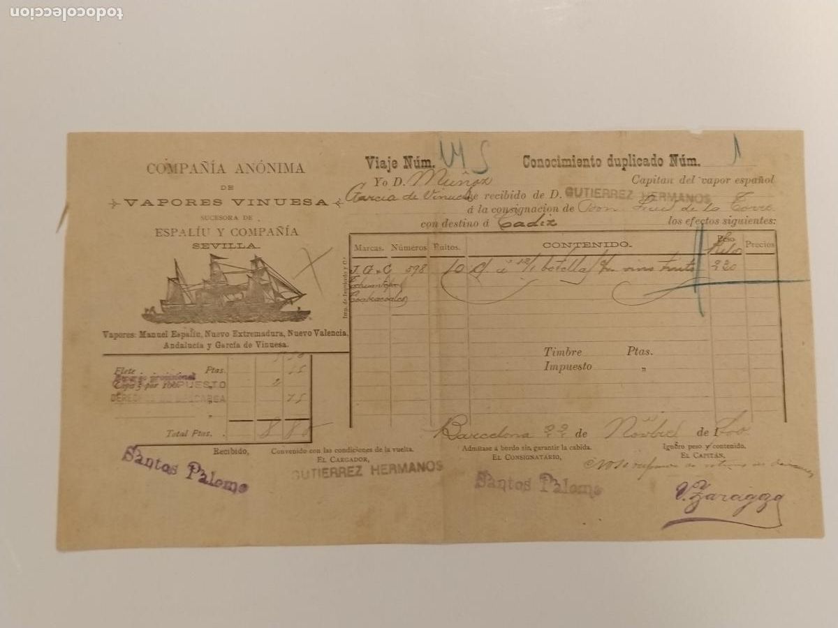 Sammelleidenschaft Andere Papierartikel: CARTA DE EMBARQUE ANTIGUA - BARCO - VAPORES VINUESA - ESPALIU Y CIA SEVILLA - BARCELONA A&Ntilde;O 1900