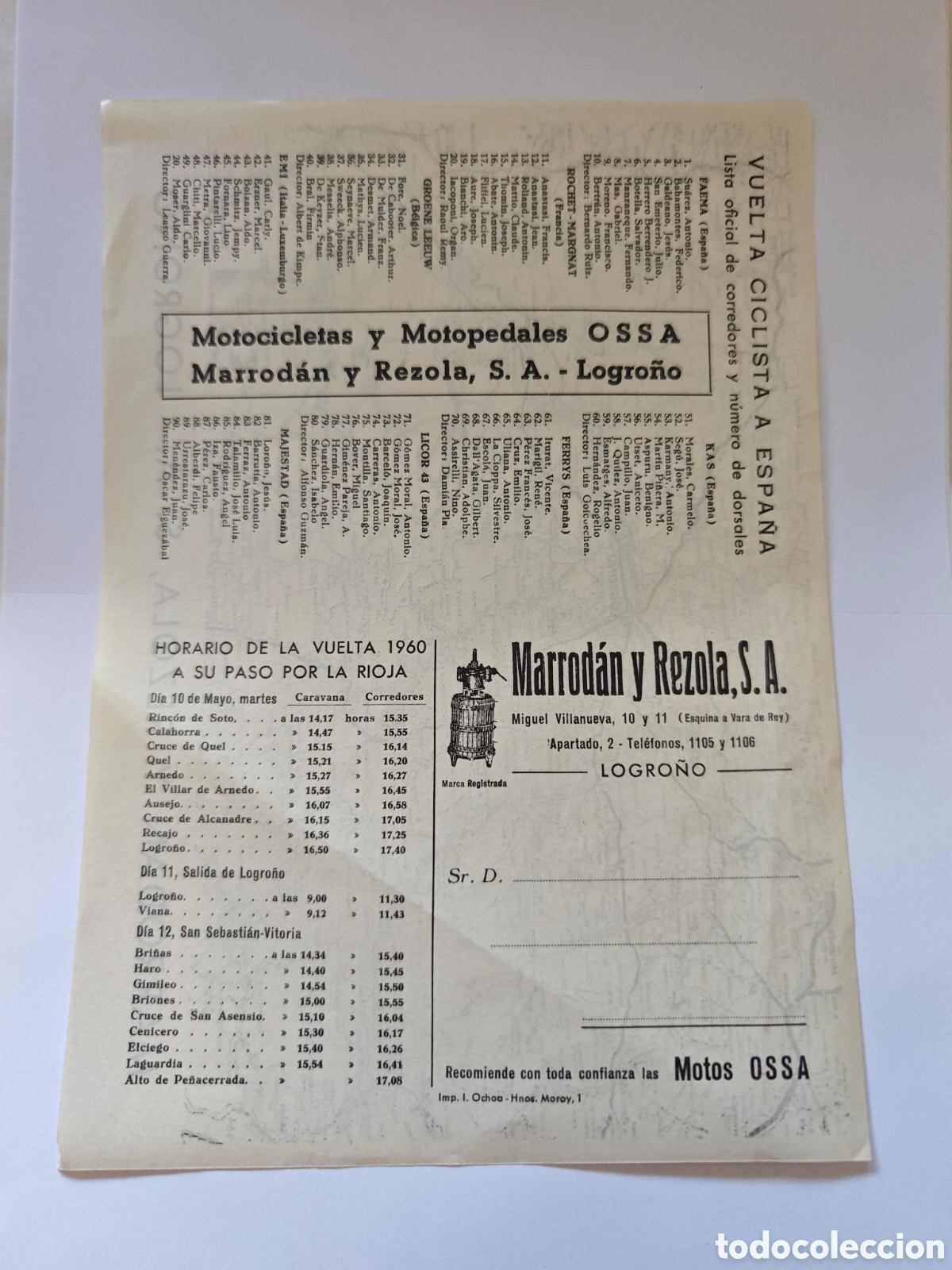 Otros art&iacute;culos de coleccionismo en papel: hoja publicidad madorran y rezola - vuelta ciclista espa&ntilde;a 1960- tdk295p