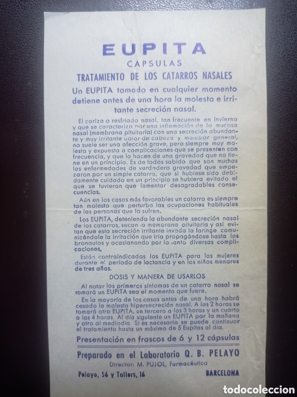 Otros art&iacute;culos de coleccionismo en papel: PROSPECTO DE EUPITA C&Aacute;PSULAS. ANTICATARRAL. HACIA 1970.