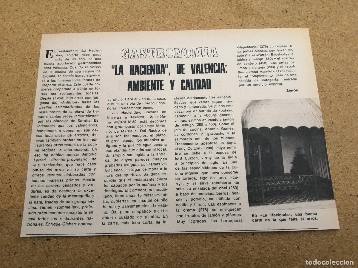 Otros art&iacute;culos de coleccionismo en papel: ARTICULO GASTRONOMICO. RESTAURANTE LA HACIENDA, VALENCIA