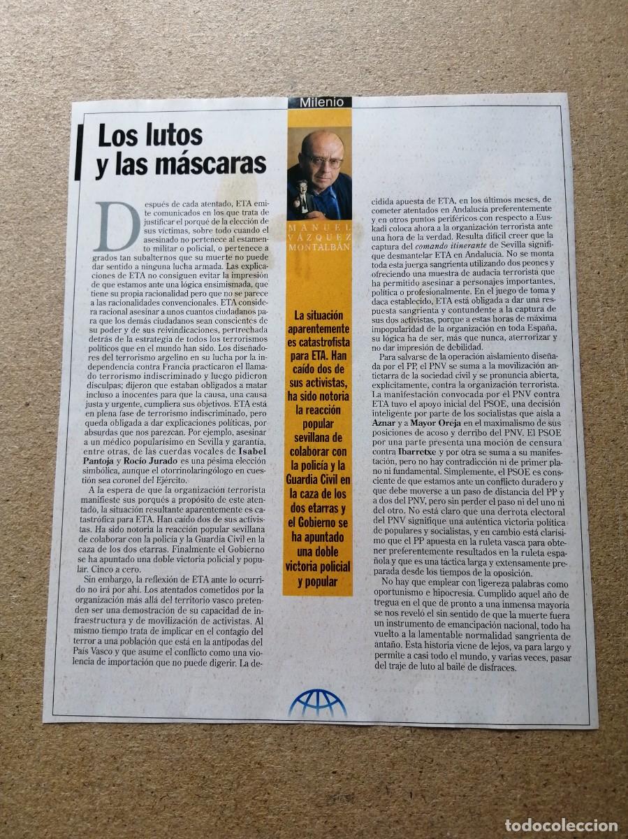 Otros art&iacute;culos de coleccionismo en papel: ARTICULO MANUEL VAZQUEZ MONTALBAN. LOS LUTOS Y LAS MASCARAS