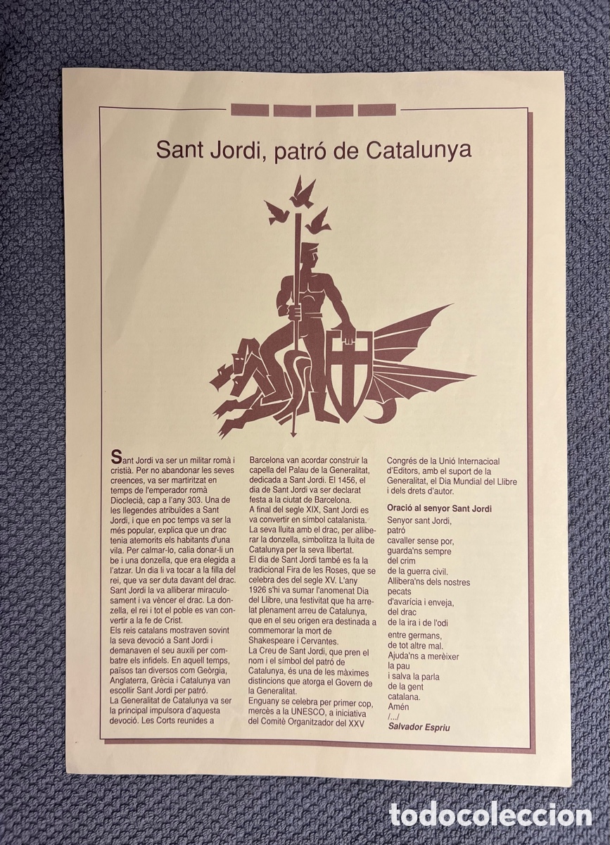 Otros art&iacute;culos de coleccionismo en papel: CANTOS.. Sant Jordi, patr&oacute; de Catalunya. Oracion por Salvador Espriu.. Breve Biograf&iacute;a Cronol&oacute;gica