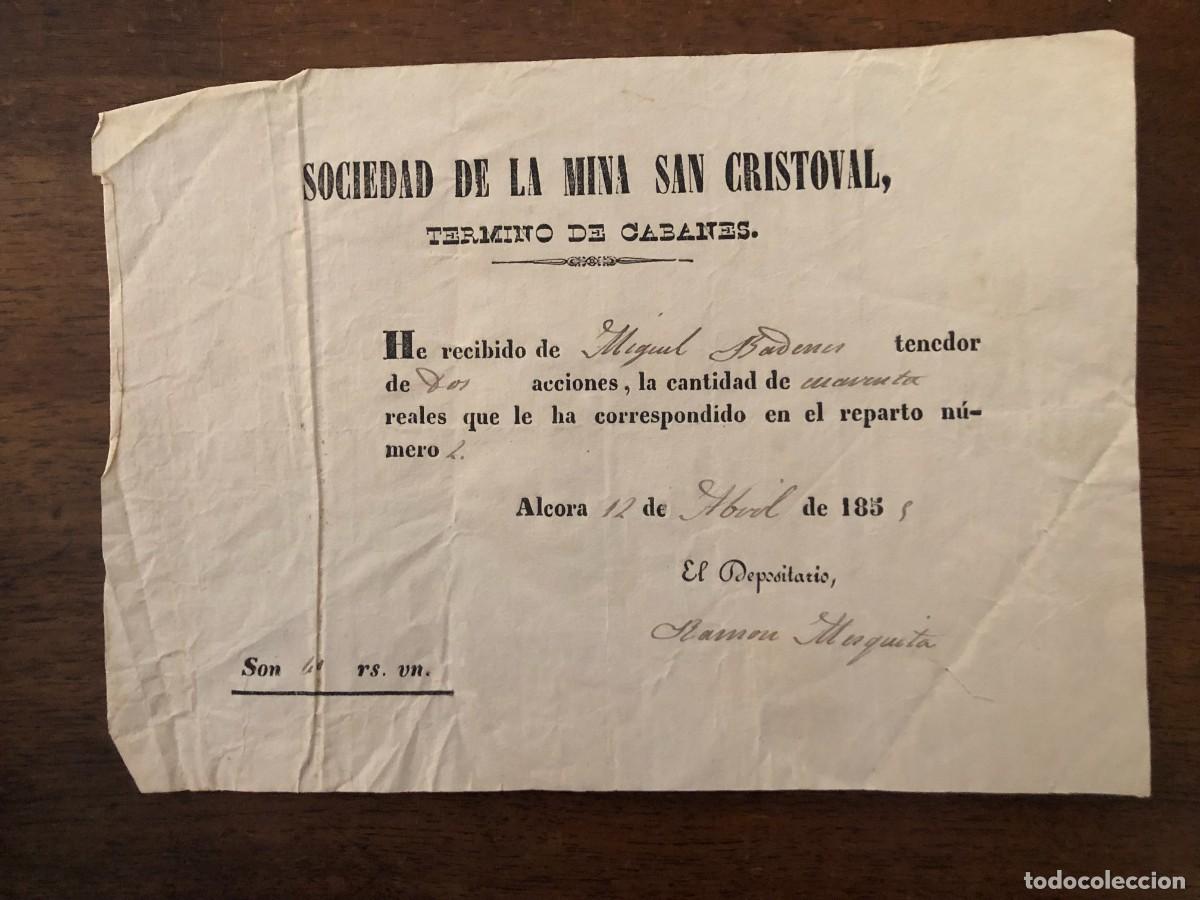 Otros art&iacute;culos de coleccionismo en papel: SOCIEDAD DE LA MINA SAN CRISTOVAL, TERMINO DE CABANES, ALCORA EL 12 DE ABRIL DE 1859