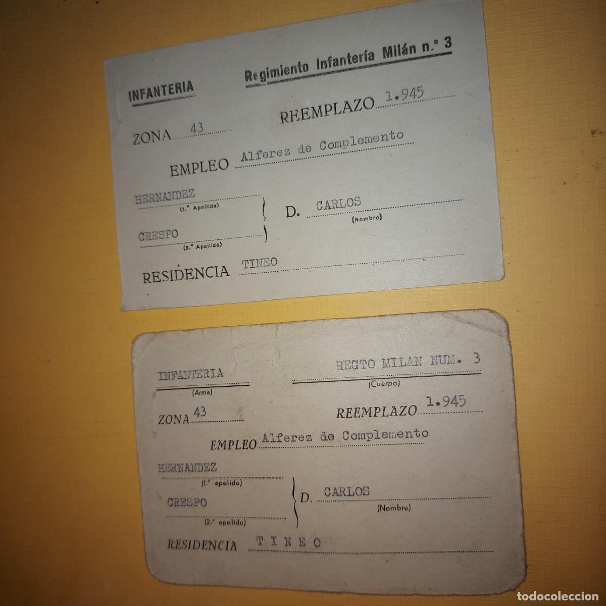 Otros art&iacute;culos de coleccionismo en papel: REGIMIENTO DE INFANTERIA A&Ntilde;O 1945, TARJETAS REEMPLAZO