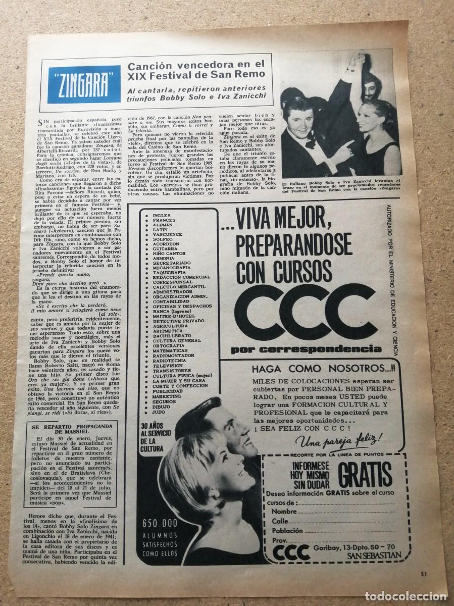 Otros art&iacute;culos de coleccionismo en papel: REPORTAJE. XIX FESTIVAL DE SAN REMO, CANCION ZINGARA TRIUNFADORA. IVA ZANICCHI - BOBBY SOLO