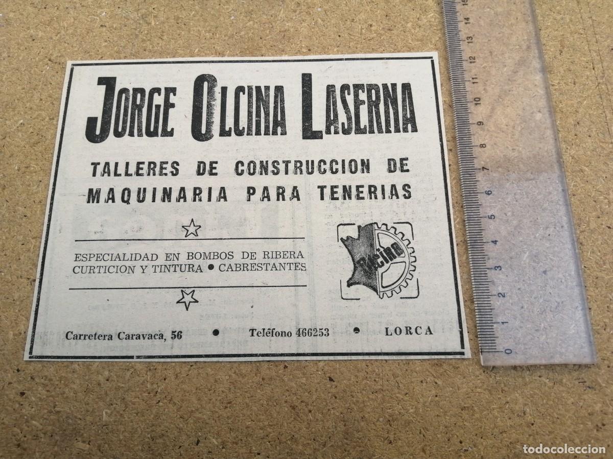 Otros art&iacute;culos de coleccionismo en papel: ANUNCIO. TALLERES DE CONSTRUCCION DE MAQUINARIA PARA TENERIAS JORGE OLCINA LASERNA (LORCA, MURCIA)