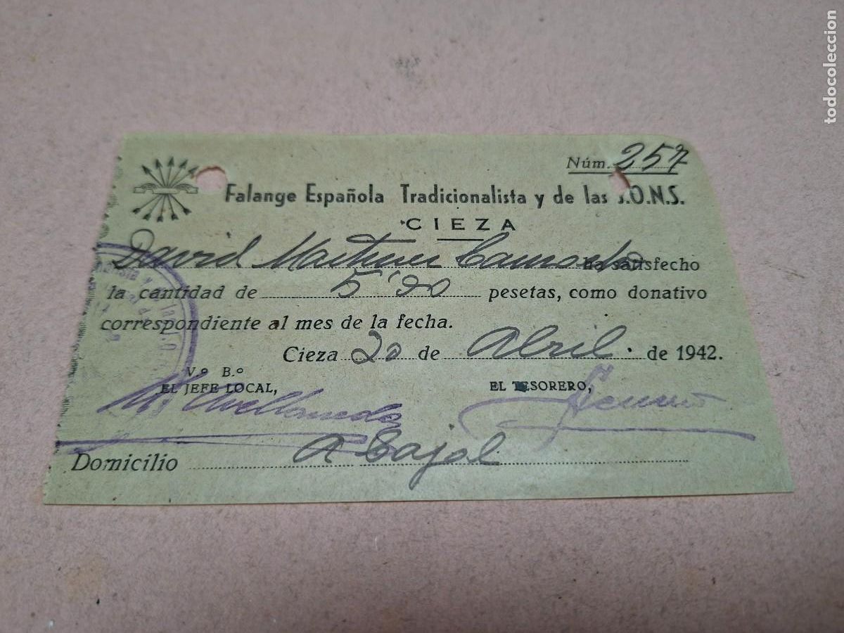 Otros art&iacute;culos de coleccionismo en papel: ANTIGUO RECIBO FALANGE JONS FRANQUISMO CIEZA MURCIA 1942