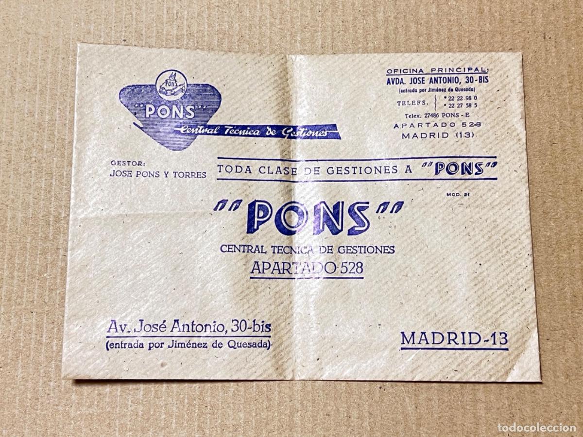 Otros art&iacute;culos de coleccionismo en papel: Sobre con publicidad GESTOR&Iacute;A PONS central t&eacute;cnica de gestiones MADRID-13